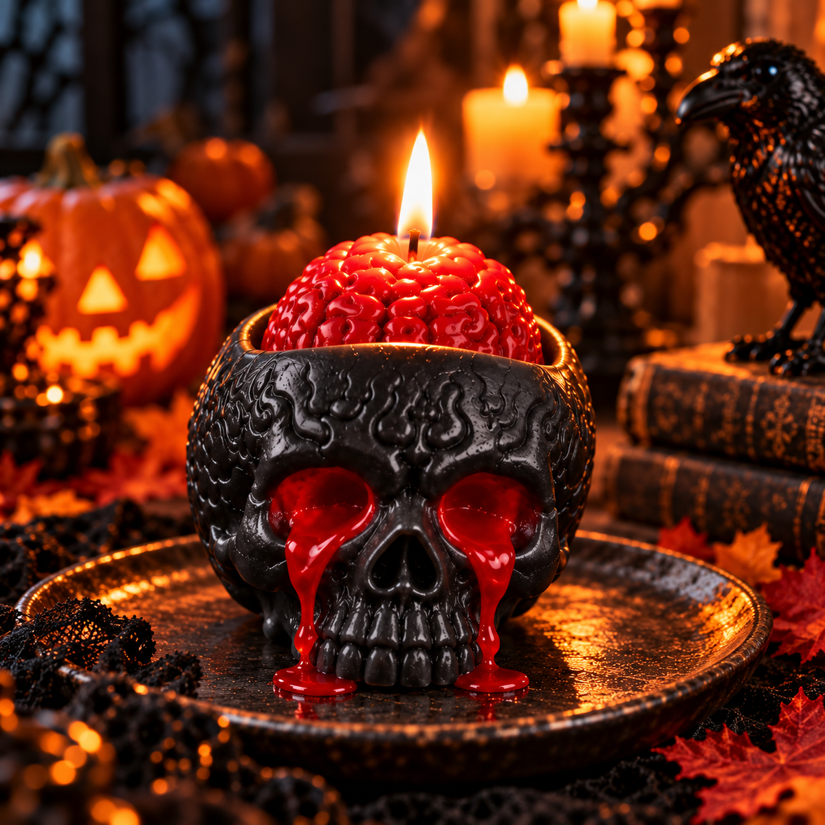 Black skull brain candle Halloween display
