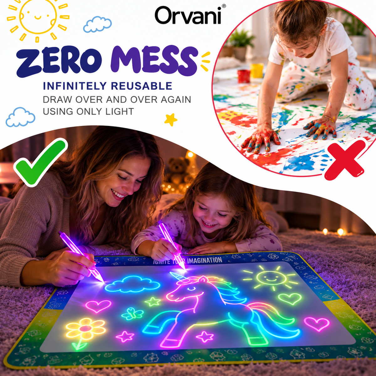 GlowDraw mess-free drawing compared with paint