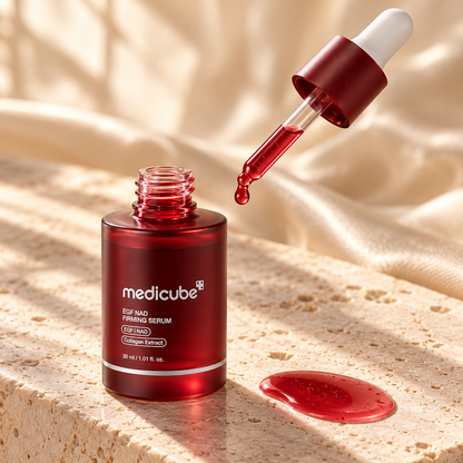 Medicube ruby red serum dropper on ivory stone