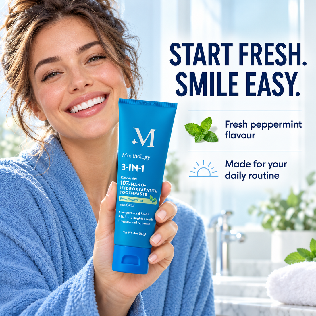 Woman holding Mouthology M-logo toothpaste