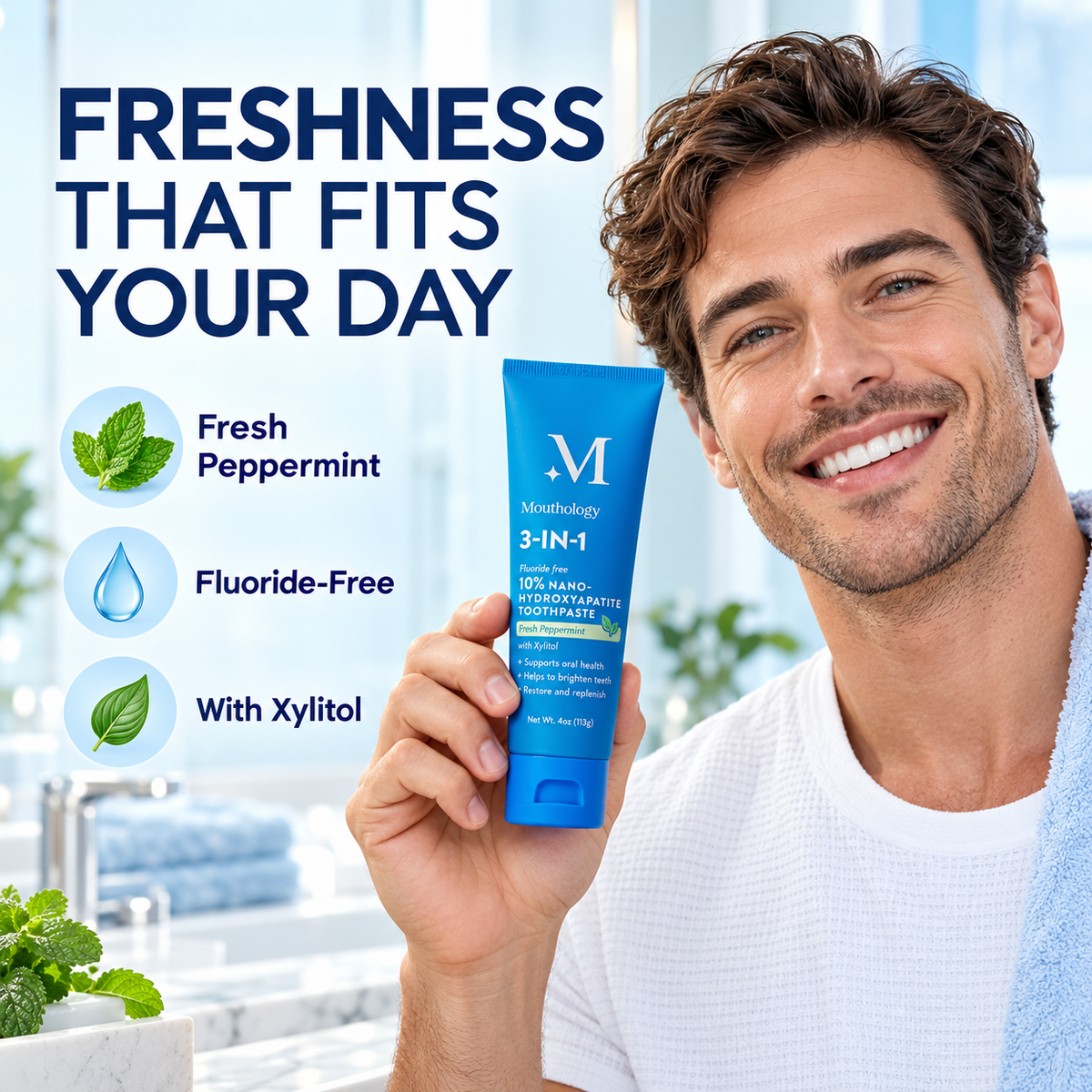 Man holding Mouthology M-logo toothpaste