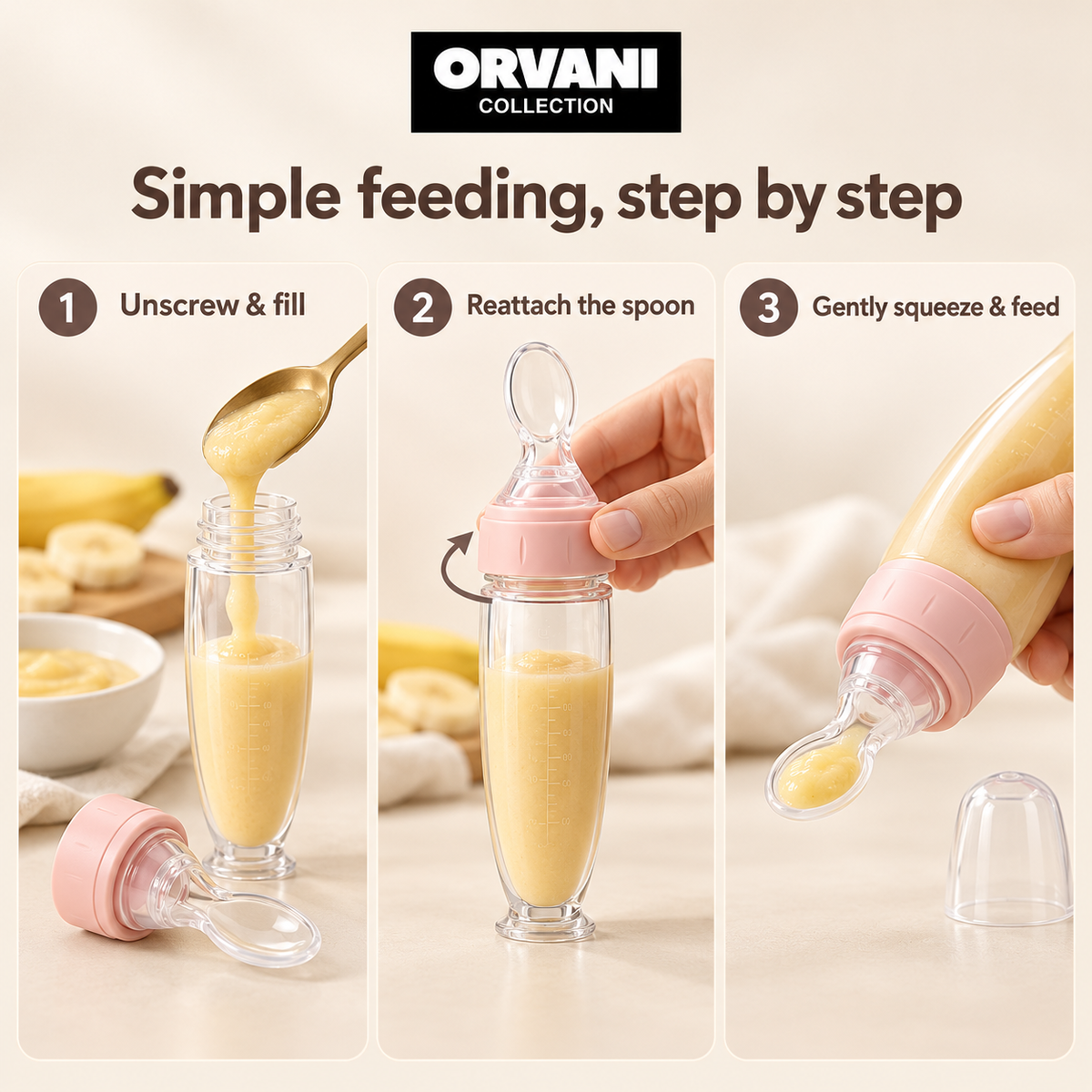 Three steps to fill, assemble and use the spoon feeder