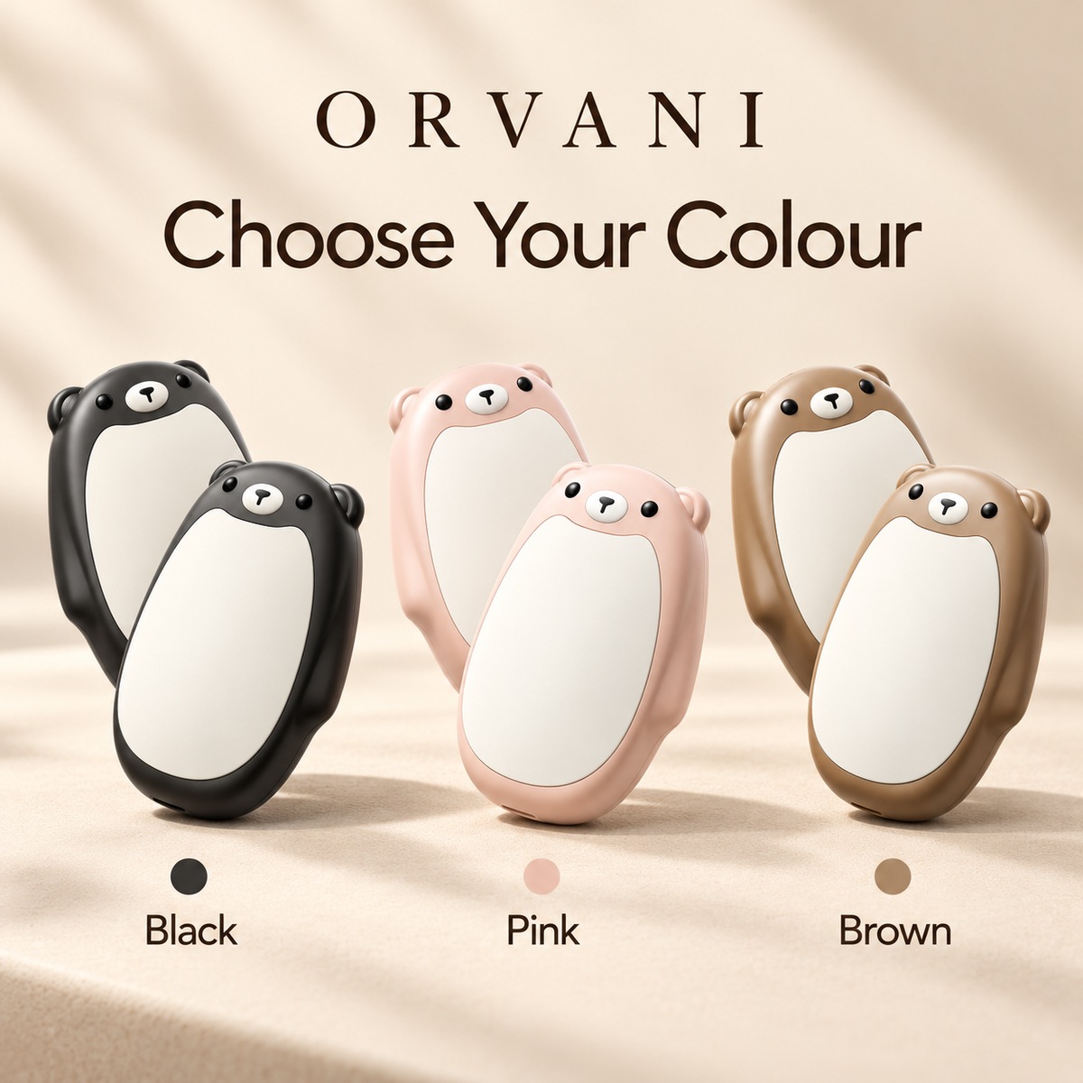 Choose your Orvani bear hand warmers colour: black, pink or brown