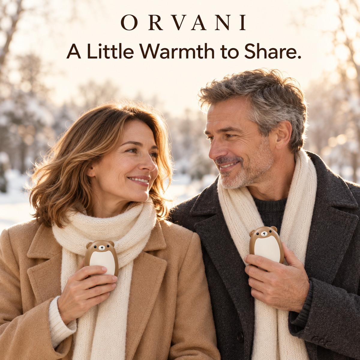 Couple sharing Orvani bear hand warmers