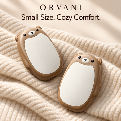 Brown Orvani bear hand warmers on cream knit