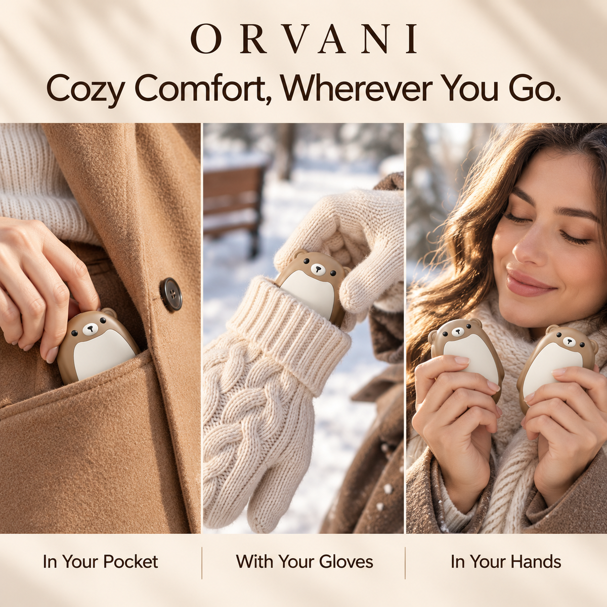 Orvani hand warmers in pockets, gloves and hands