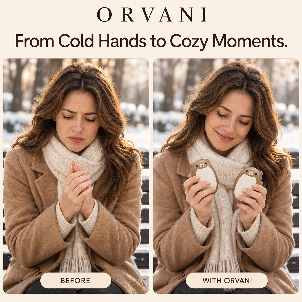 Winter lifestyle comparison with Orvani hand warmers