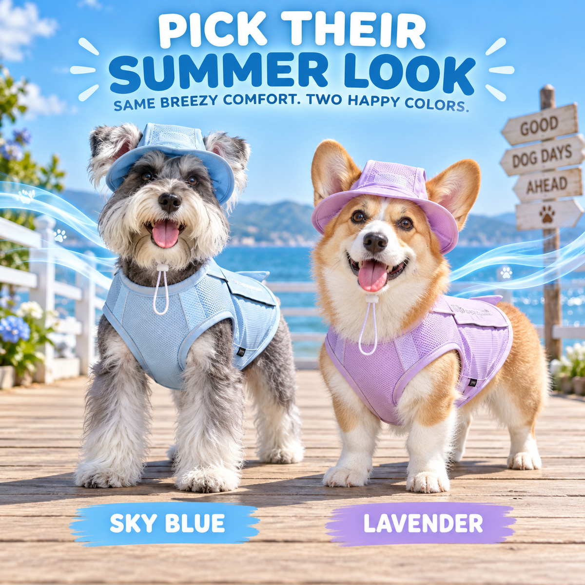 Sky Blue and Lavender Orvani BreezePup vest colors