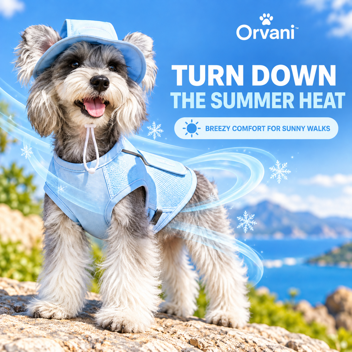 Schnauzer wearing the Sky Blue Orvani BreezePup cooling vest and matching hat