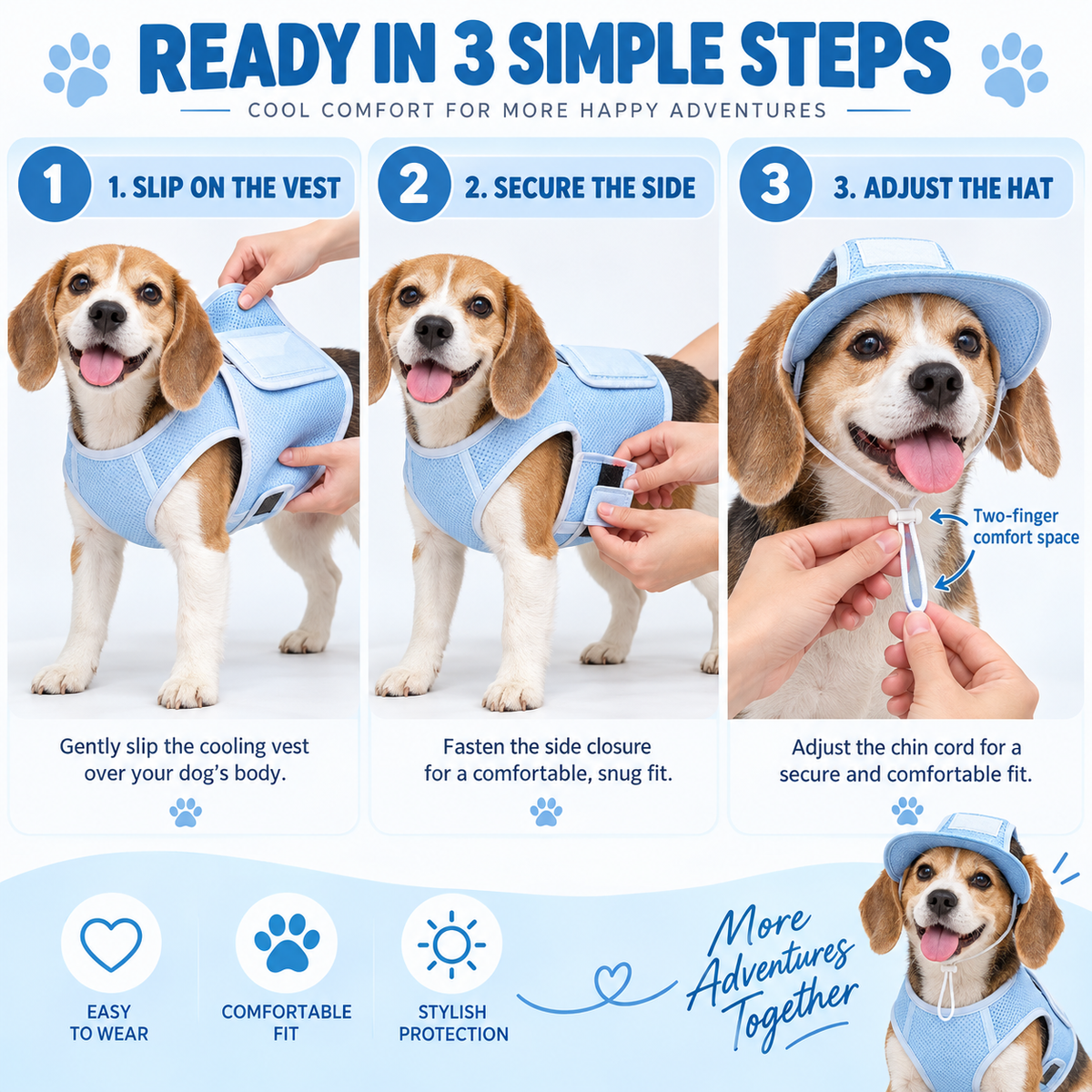 Three steps for putting on the Orvani BreezePup vest and hat