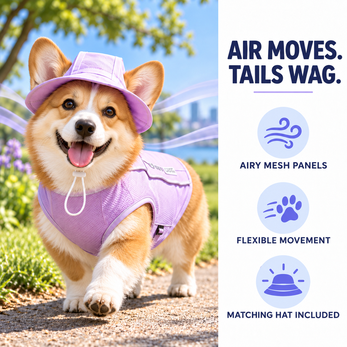 Corgi wearing the Lavender Orvani BreezePup cooling vest