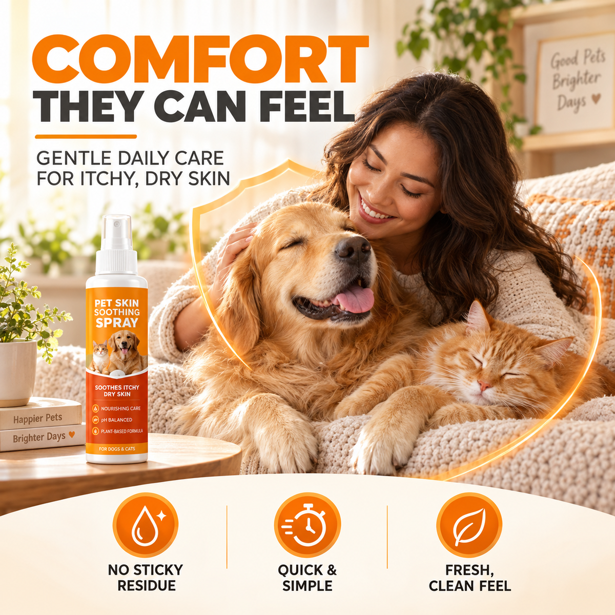 Happy pet parent cuddling comfortable dog and cat