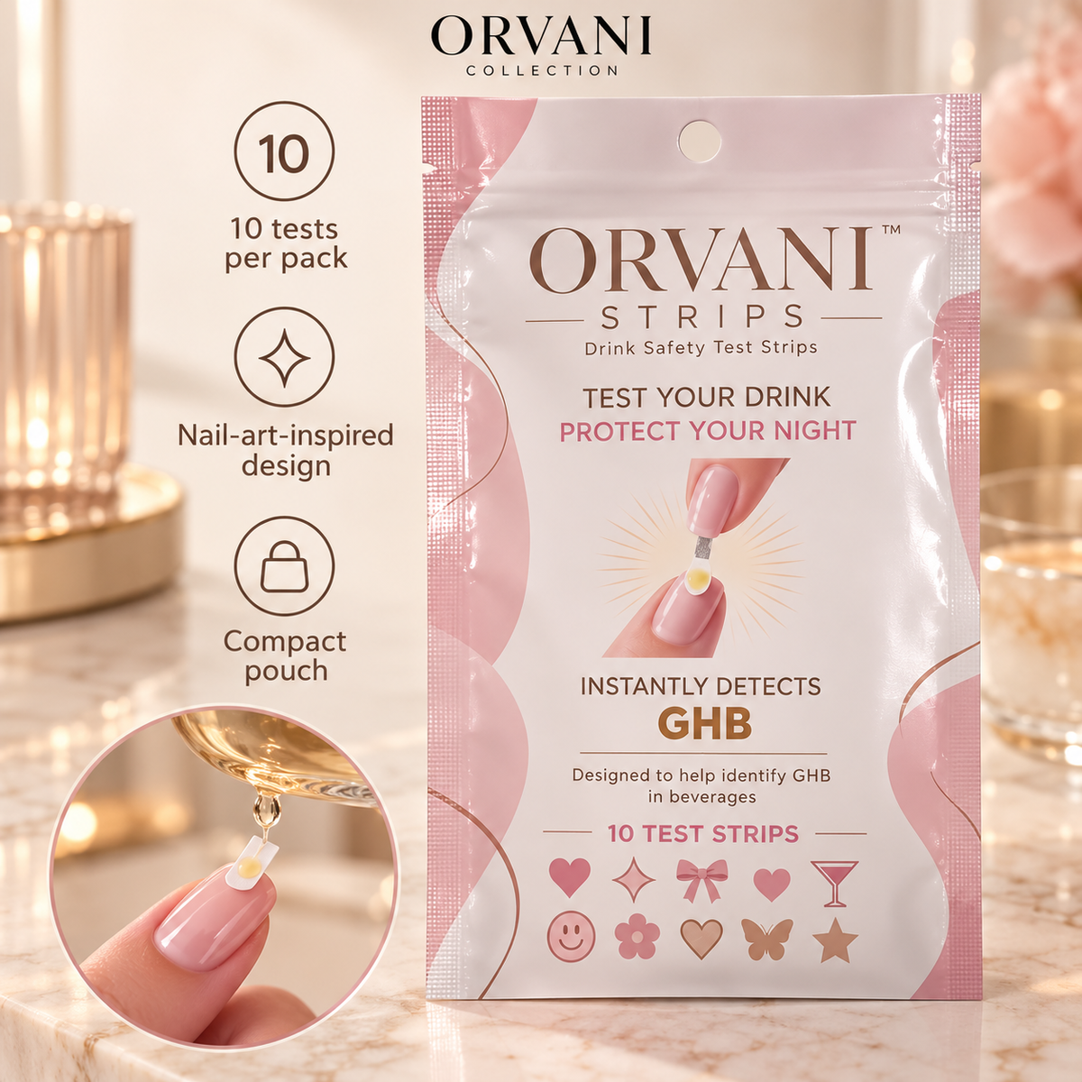 Orvani drink test pouch with three features