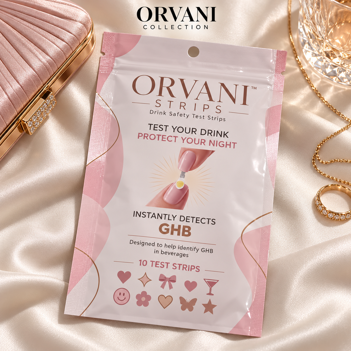 Orvani blush drink test pouch flat lay