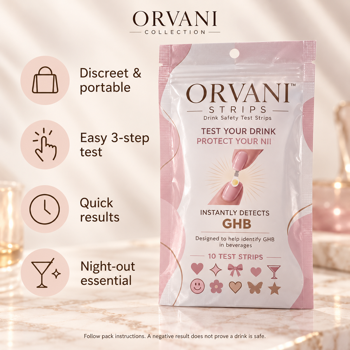 Orvani drink test strips: discreet and portable, easy three-step test, quick results, night-out essential
