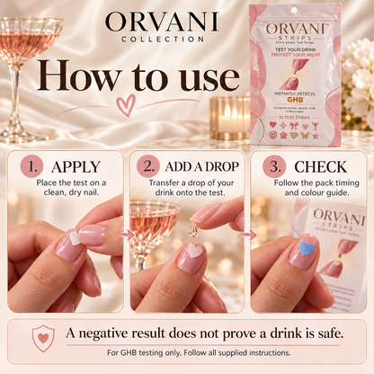 How to use Orvani drink test nail stickers: apply, add a drop, check using the pack guide