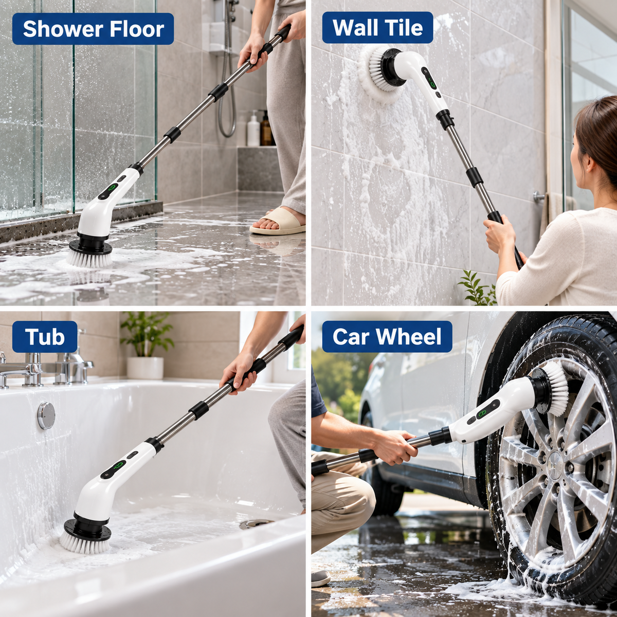 Extendable scrubber on shower floor wall tile tub and car wheel