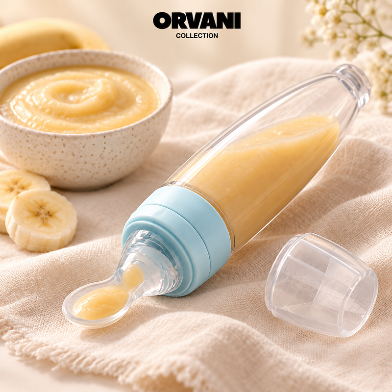 Blue baby spoon feeder and protective cap