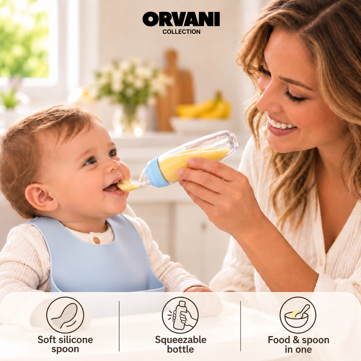 Mother feeding baby boy: soft silicone spoon, squeezable bottle, food and spoon in one