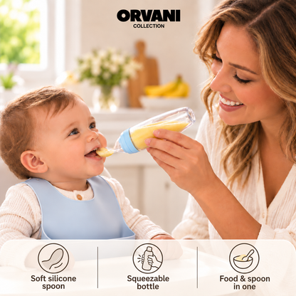 Mother feeding baby boy: soft silicone spoon, squeezable bottle, food and spoon in one