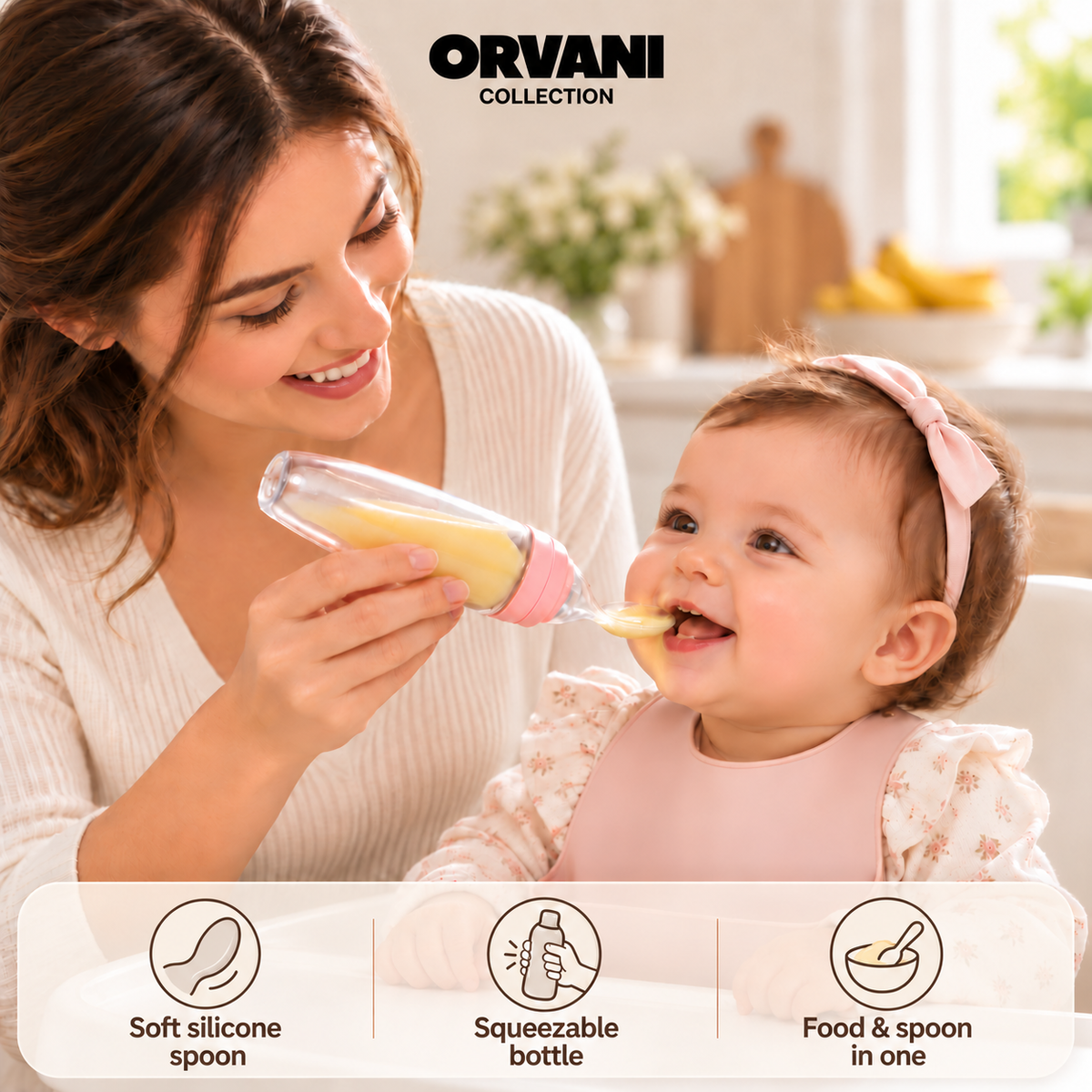 Mother feeding baby girl: soft silicone spoon, squeezable bottle, food and spoon in one