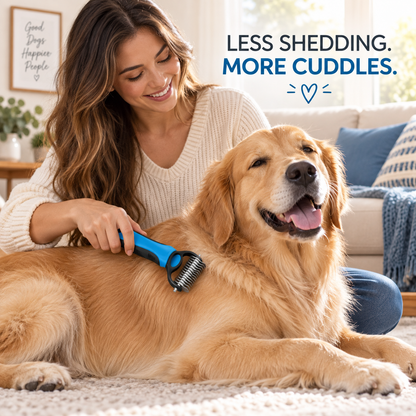 Golden retriever enjoying gentle grooming with Orvani FurEase