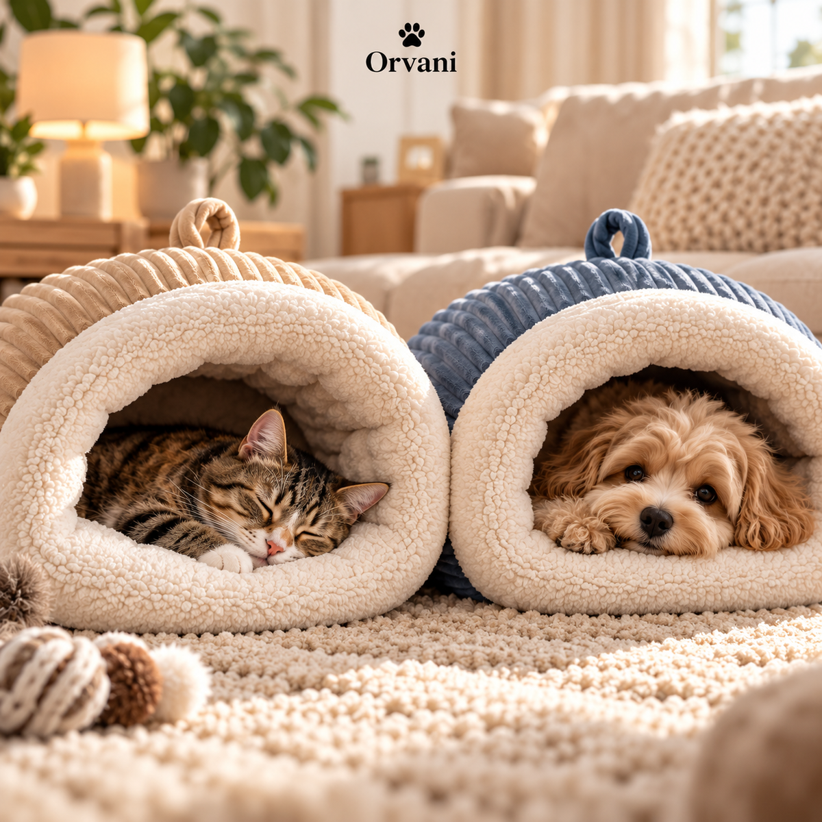 Orvani Kuschelhöhlen in Beige und Blau mit Katze und kleinem Hund