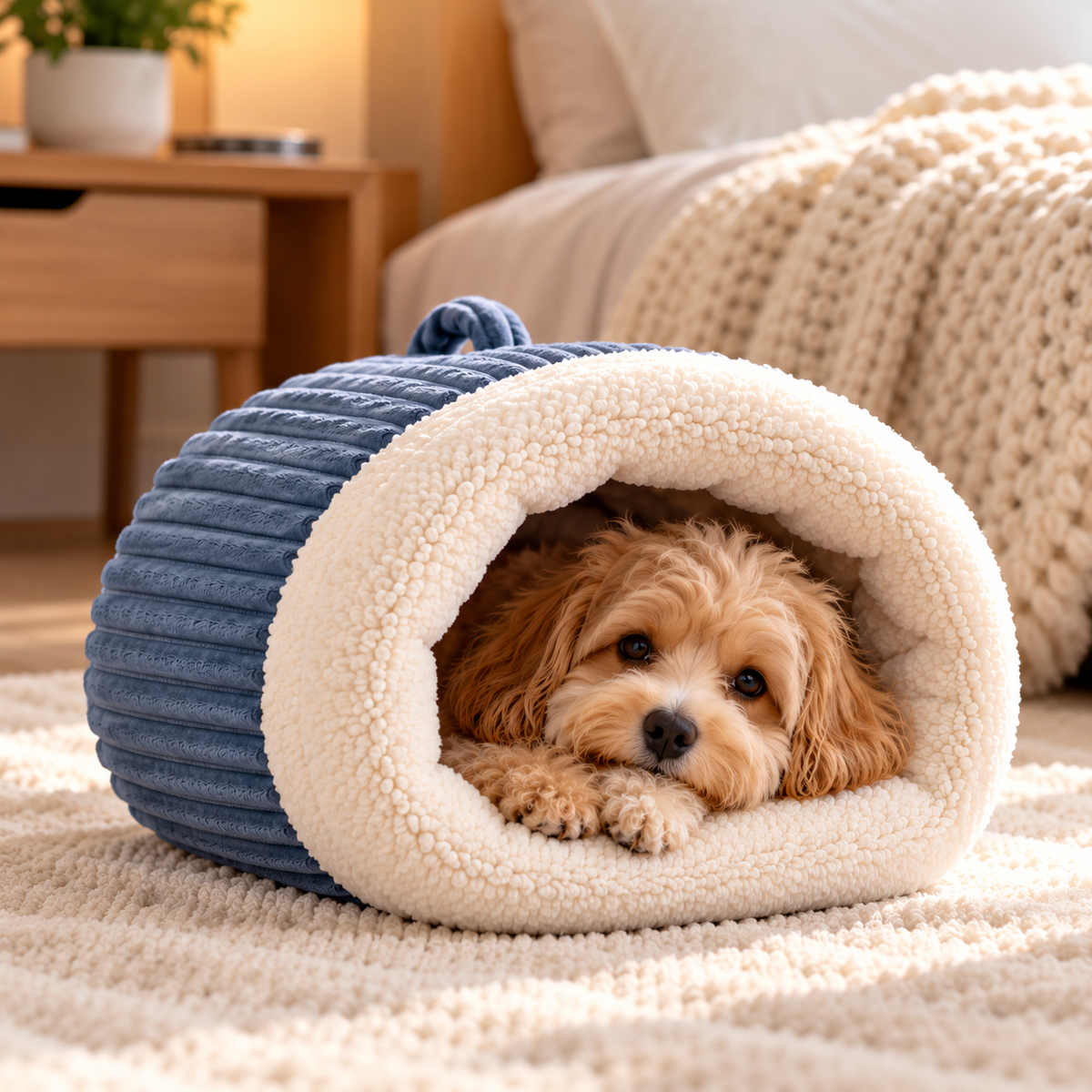 Kleiner Hund in blauer Orvani Kuschelhöhle mit weichem Sherpa-Futter