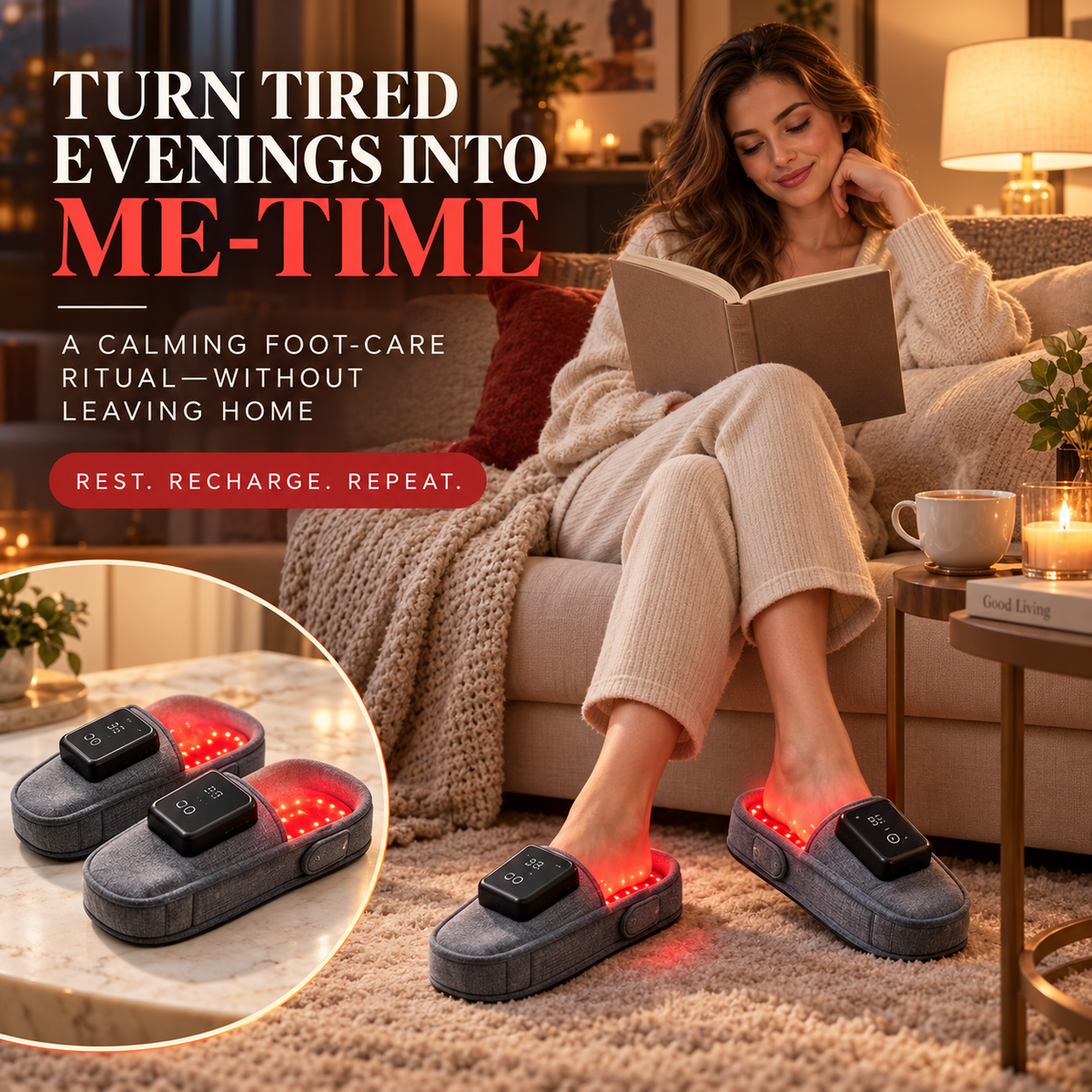 Relaxing evening foot care with red light therapy slippers