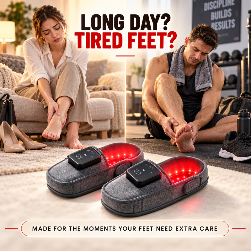Red light therapy slippers for tired feet after work or exercise