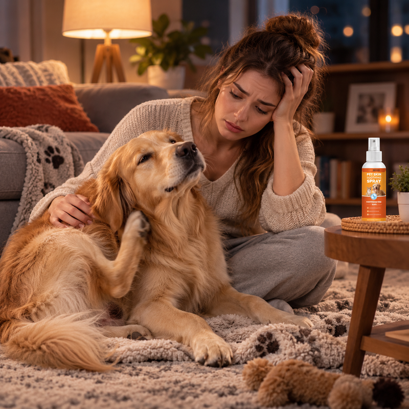 Pet parent comforting a restless golden retriever