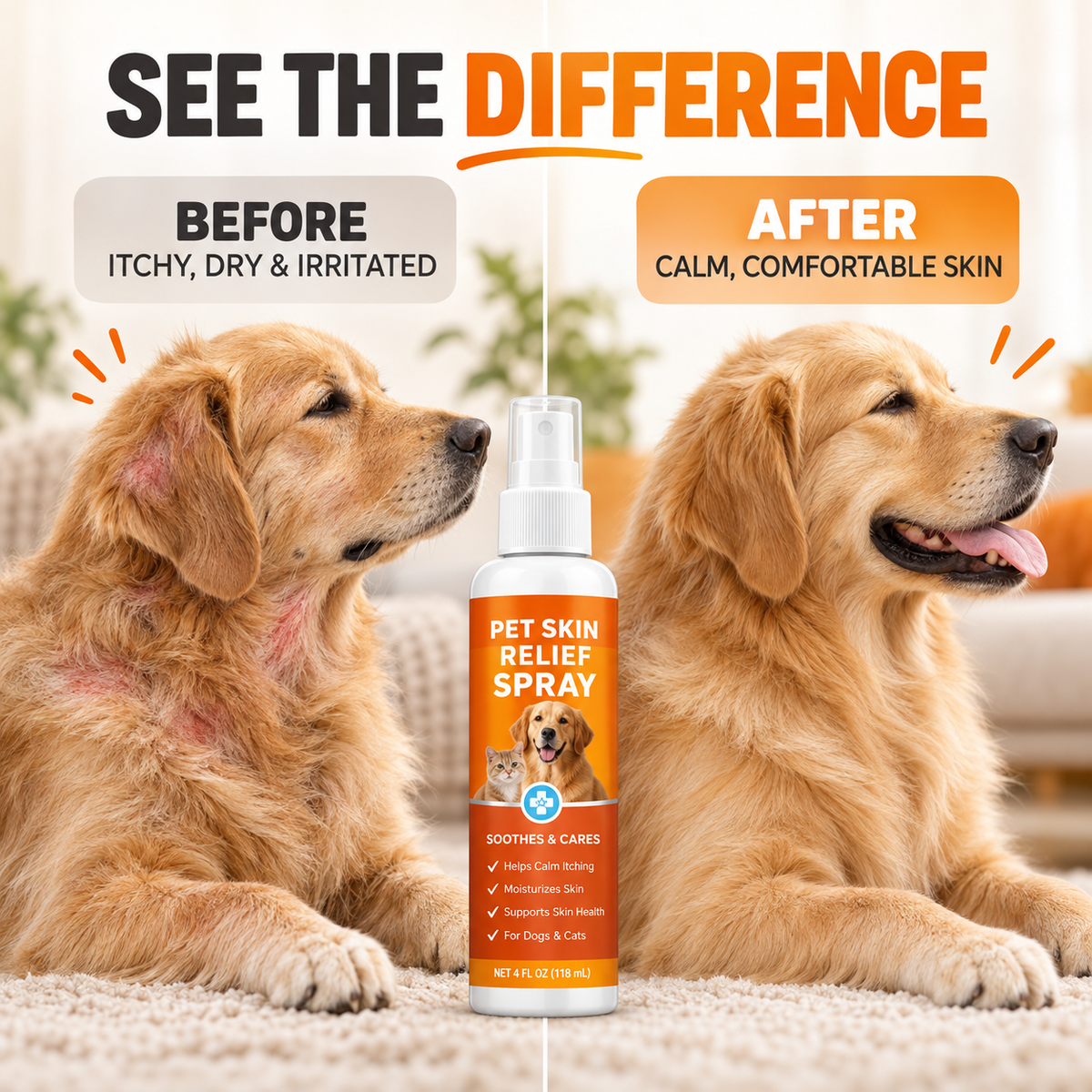 Pet skin comfort spray before and after comparison