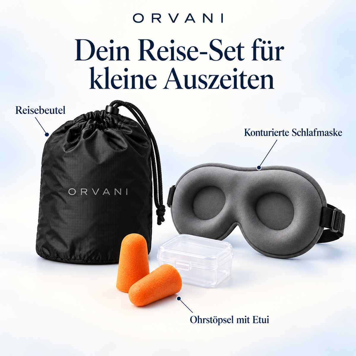 Orvani Reise-Set mit Reisebeutel, Ohrstöpseln mit Etui und konturierter Schlafmaske