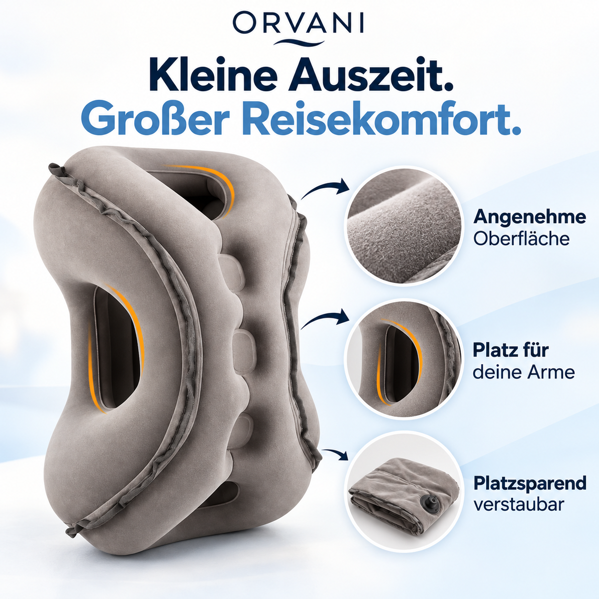 Orvani aufblasbares Reisekissen mit drei Produktvorteilen