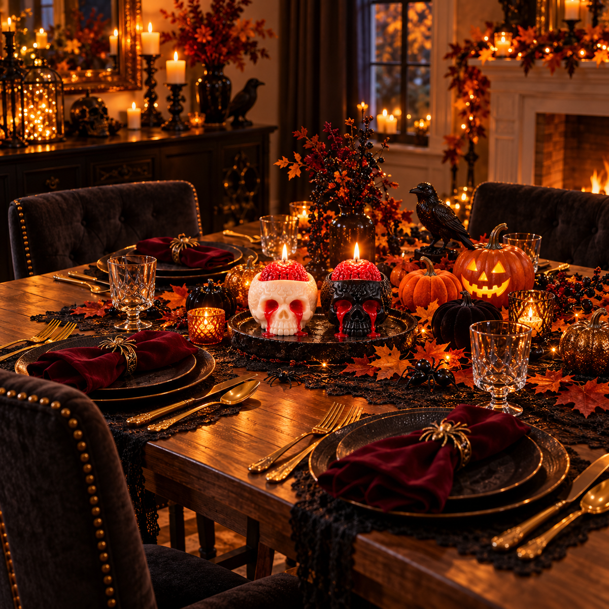 Halloween dinner table with white and black skull candles