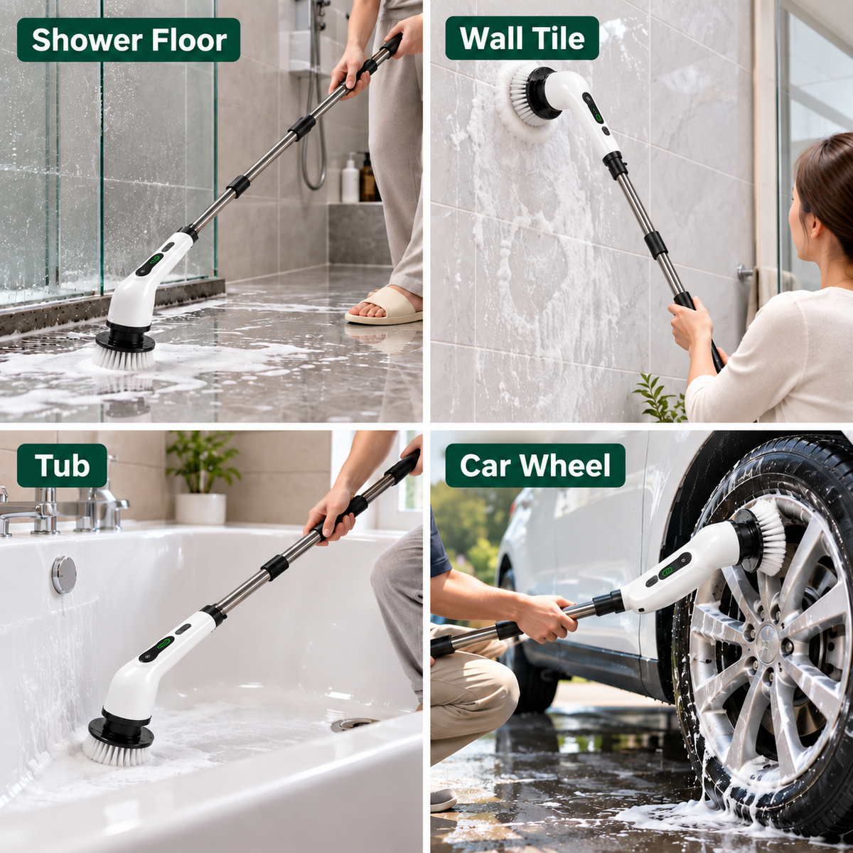 Green labels for shower tile tub and car wheel collage