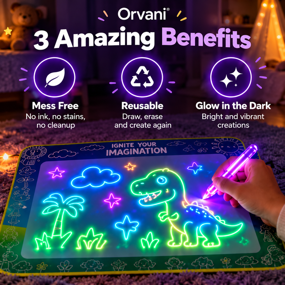 Three benefits of GlowDraw: mess free, reusable and glowing